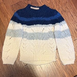 J. Crew Striped Cable-Knit Crewneck Sweater - Navy, Blue & Cream